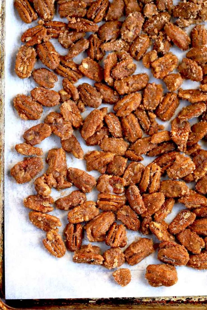 Candied Pecans on a baking sheet.