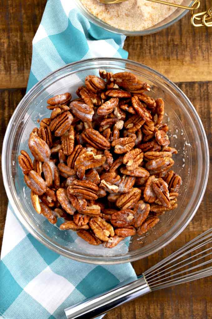 Pecans mixed with egg whites.