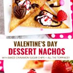 Dessert Nachos made with crispy oven baked cinnamon-sugar wonton chips and topped with whipped cream, fresh berries, chocolate hearts, mini marshmallows, chocolate sauce and lots of sprinkles!