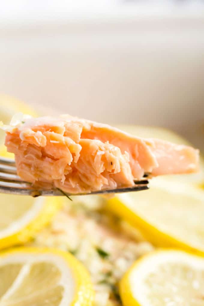 A piece of flaky salmon on a fork.