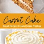 Pin image of layered carrot cake with orange cream cheese frosting