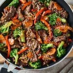 top view of beef stir fry in a pan