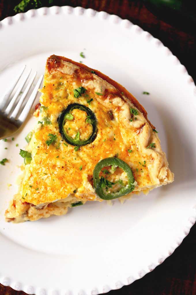 Top view of a slice of Jalapeno Popper Quiche