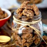 Candied Pecans in a glass jar.