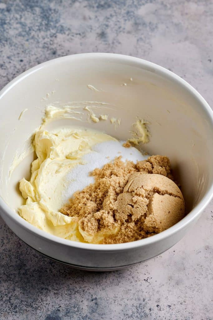 soft butter, granulated sugar and brown sugar in a bowl