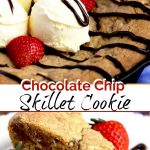 This Skillet Cookie, also known as Pizookie - is chewy with golden crispy edges, a soft center and loaded with chocolate chips! This easy to make chocolate chip cookie bakes in a single skillet and can be served warm right from the oven!