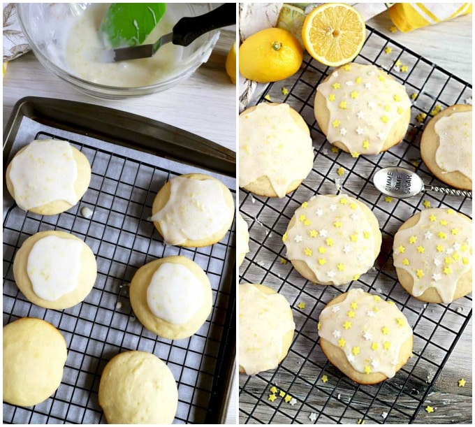 In this collage, cookies getting glazed on a cooling rack, and glazed cookies decorated with sprinkles.