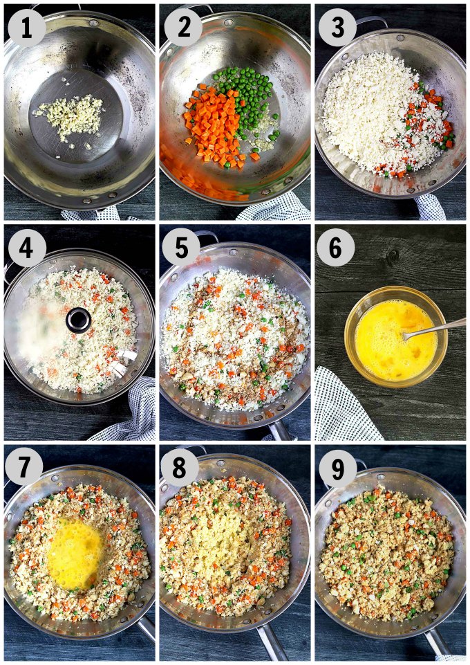 Collage of Step By Step Photos on How To Make Cauliflower Fried Rice.