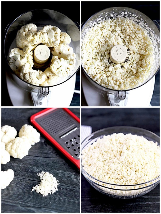 Collage of how to make cauliflower rice in a food processor or by grating cauliflower with a grater.