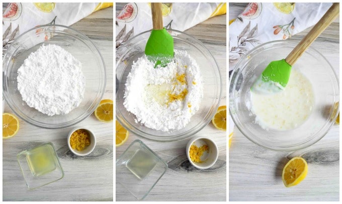 In this collage, ingredients to make lemon glaze, stirring lemon and zest into powdered sugar, glazed in a bowl.