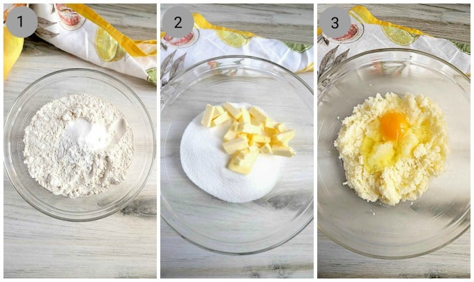 Step By Step Instructions Bowl with dried ingredients, bowl with sugar and butter, creamed butter and sugar with egg