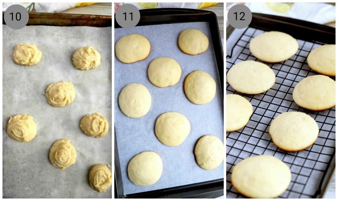 Dough spponed on a cookie sheet, baked cookies out of the oven, lemon cookies cooling on a cooling rack.