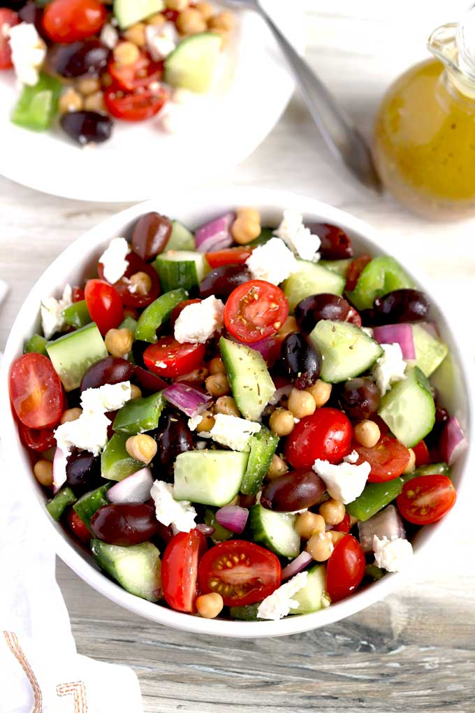 Top view of bowl filled with garbanzo bean salad