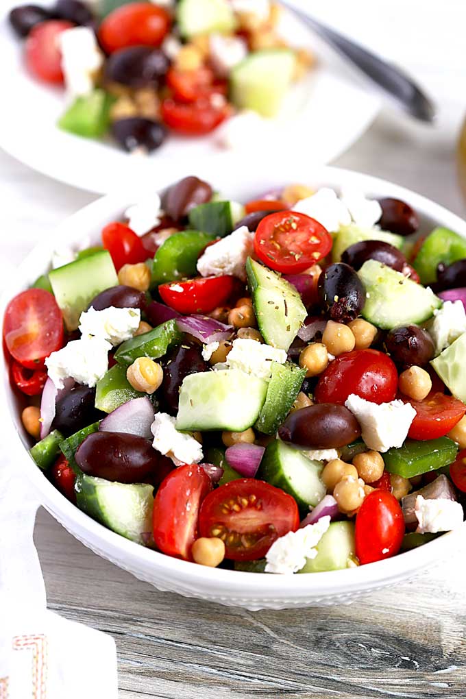 Chickpe Salad in a white salad bowl