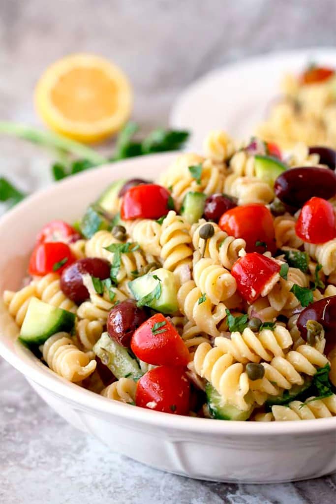 Close up view of Tuna Pasta Salad in a white bowl