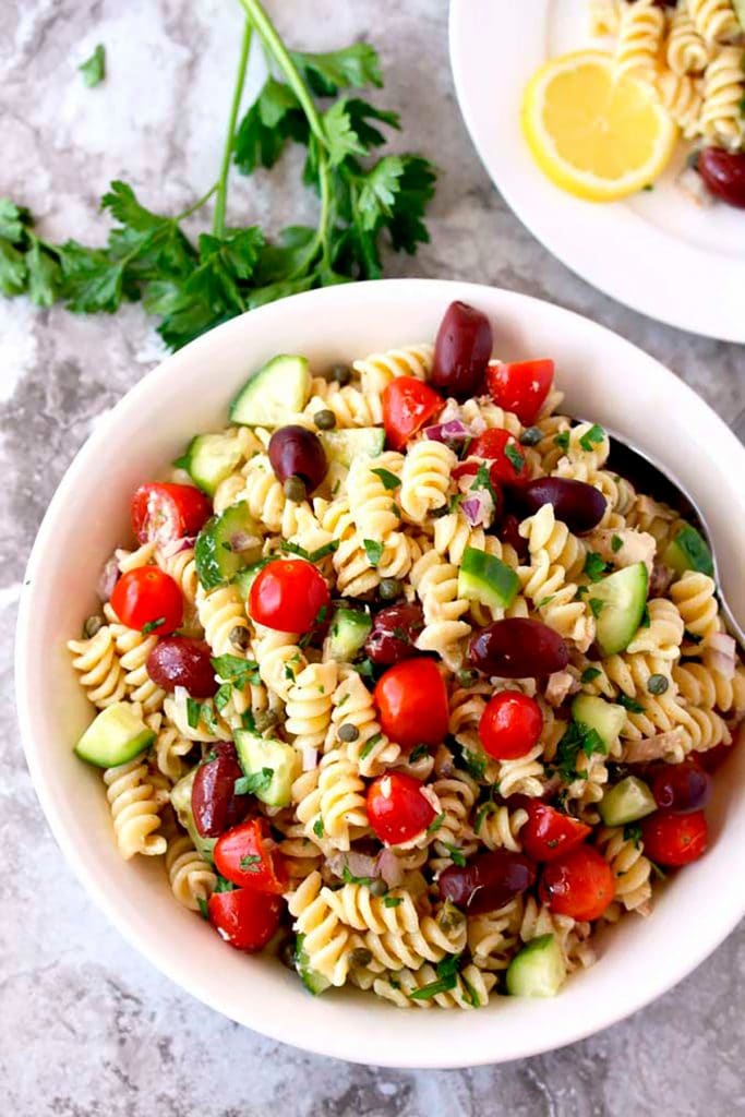 Top view of Tuna Pasta Salad served in a white bowl