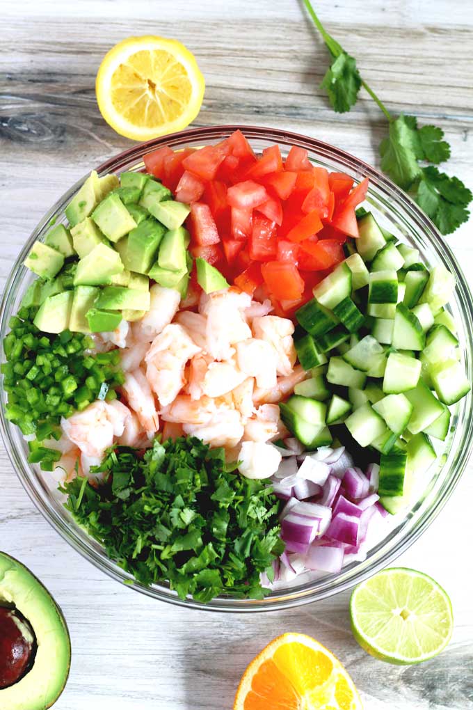 All the vegetables and herb to make shrimp ceviche.