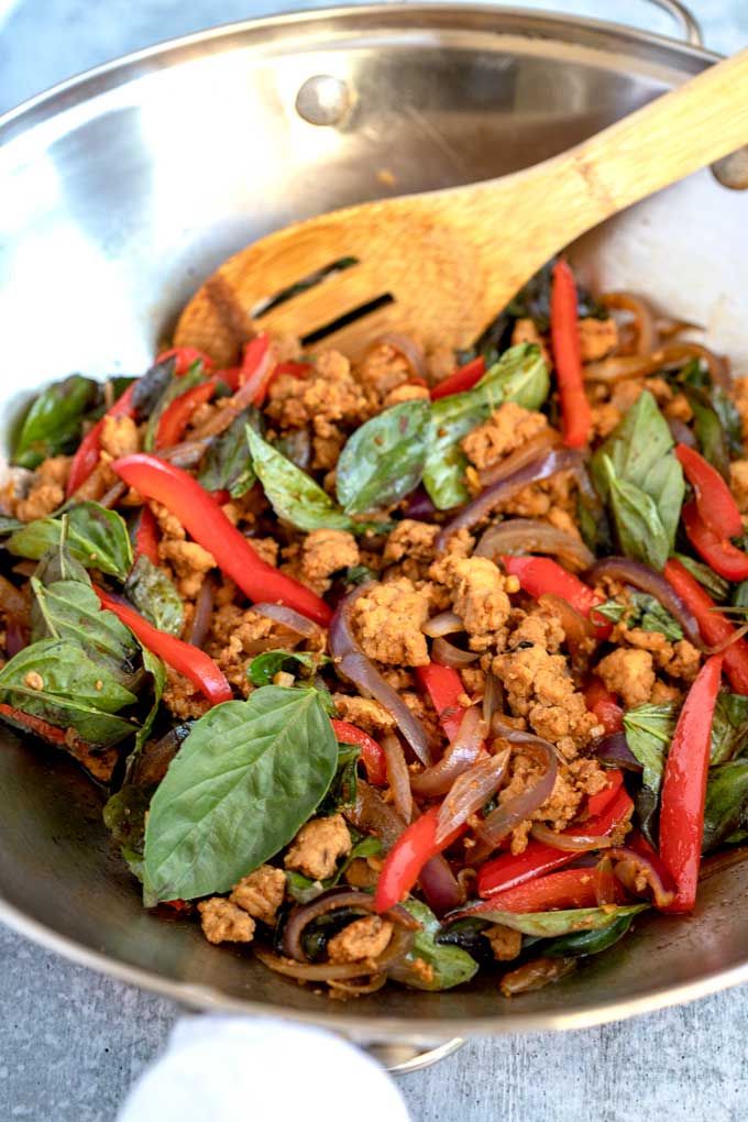 Thai Basil stirfry in a wok.