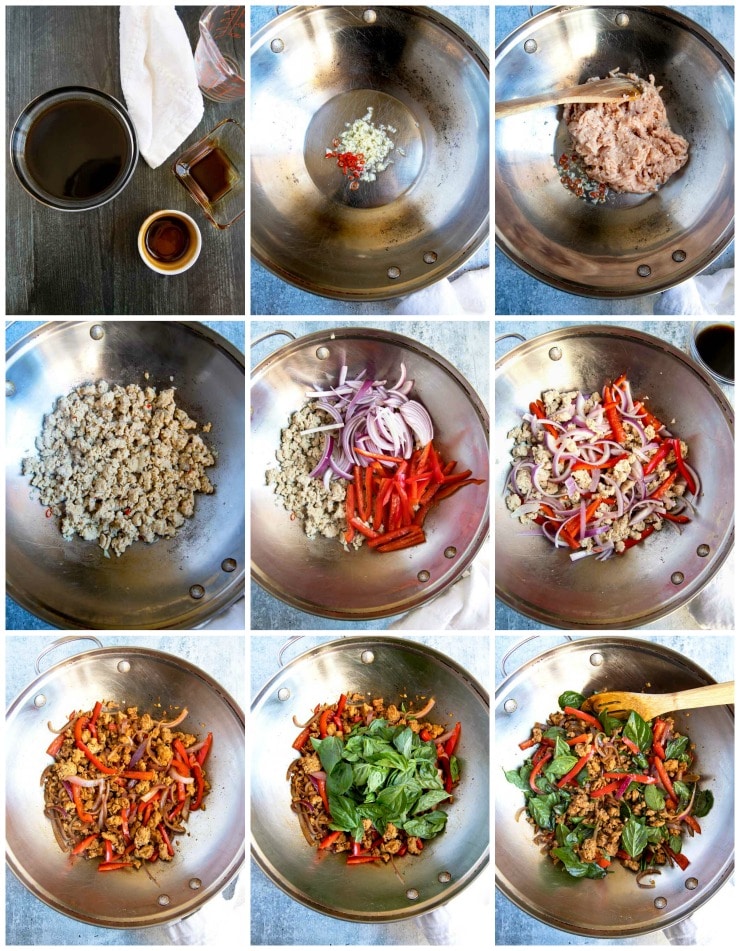 A collage of photos showing step by step instructions on how to make this Thai chicken recipe.