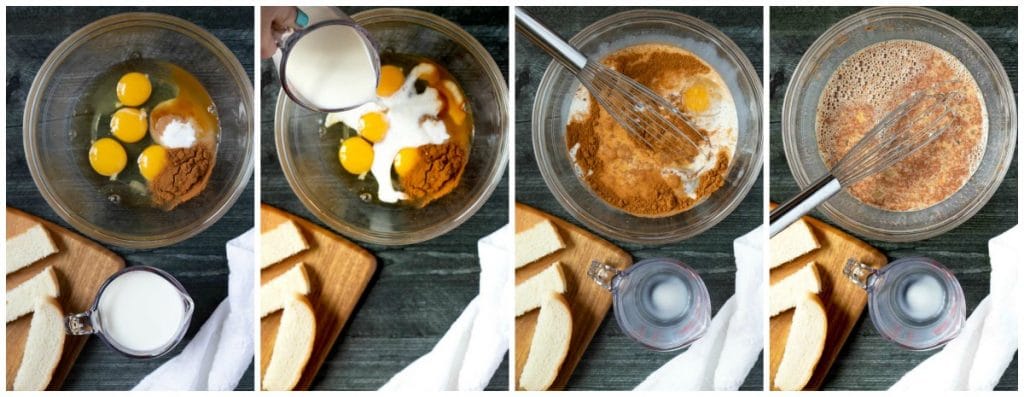 Collage of step by step photos on how to make custard for this this easy French toast recipe