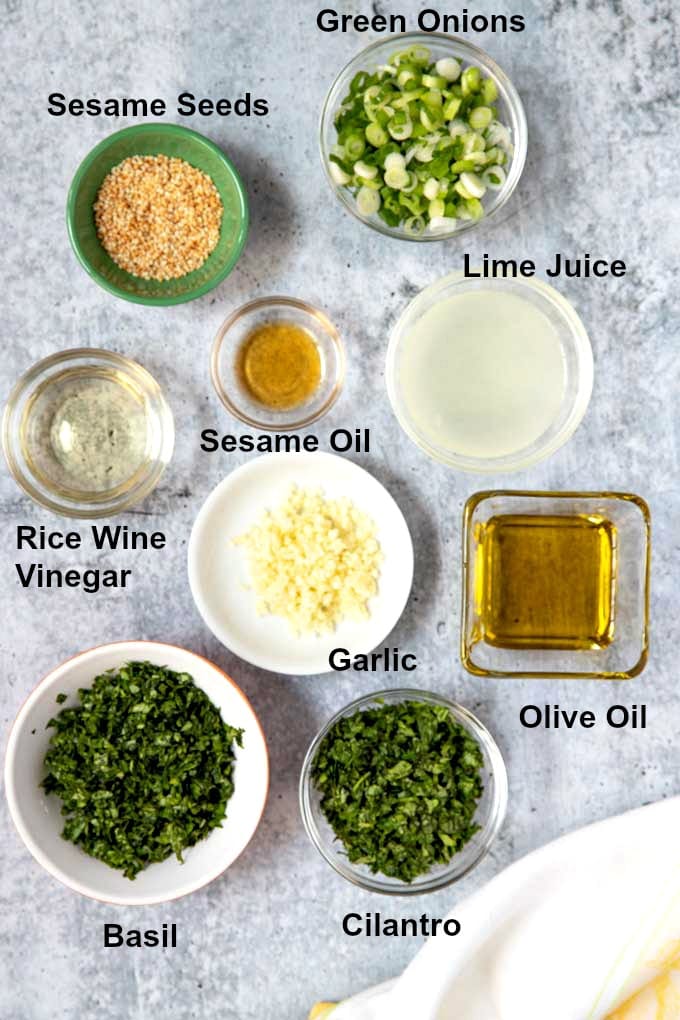 Bowls filled with ingredients to make Asian chimichurri.