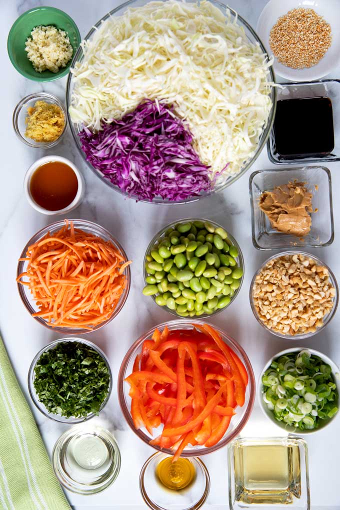 Ingredients to make this mayo-free slaw and the Ginger Sesame Peanut Dressing.