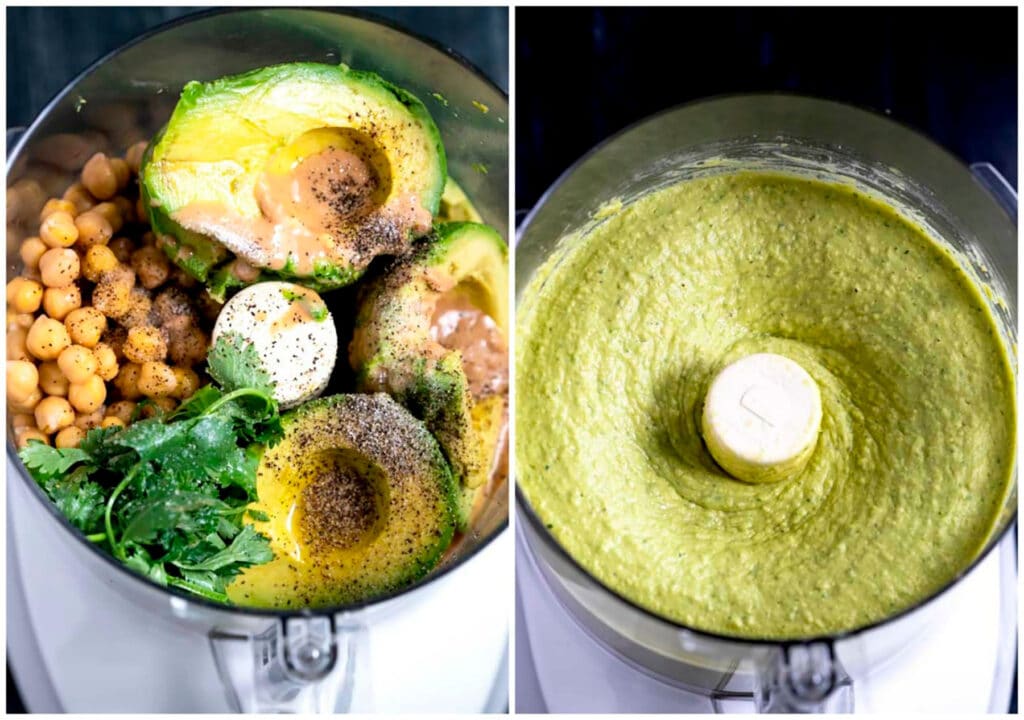A collage of two photos on how to make hummus. In the first photo all the ingredients are inside the bowl of a food processor, In the second image, creamy hummus just processed.