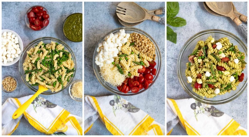 A collage of photos of step by step images on how to make this pasta salad recipe.