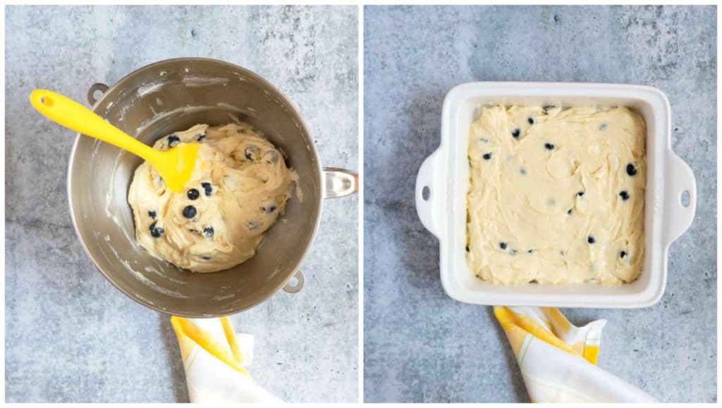 Step By step photos, cake batter with blueberries in a bowl and then poured into a baking dish.