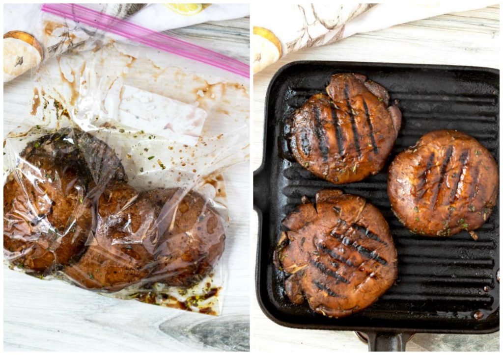 Step by step photos for making grilled portobellos. Marinating the mushrooms. Grilling the mushrooms