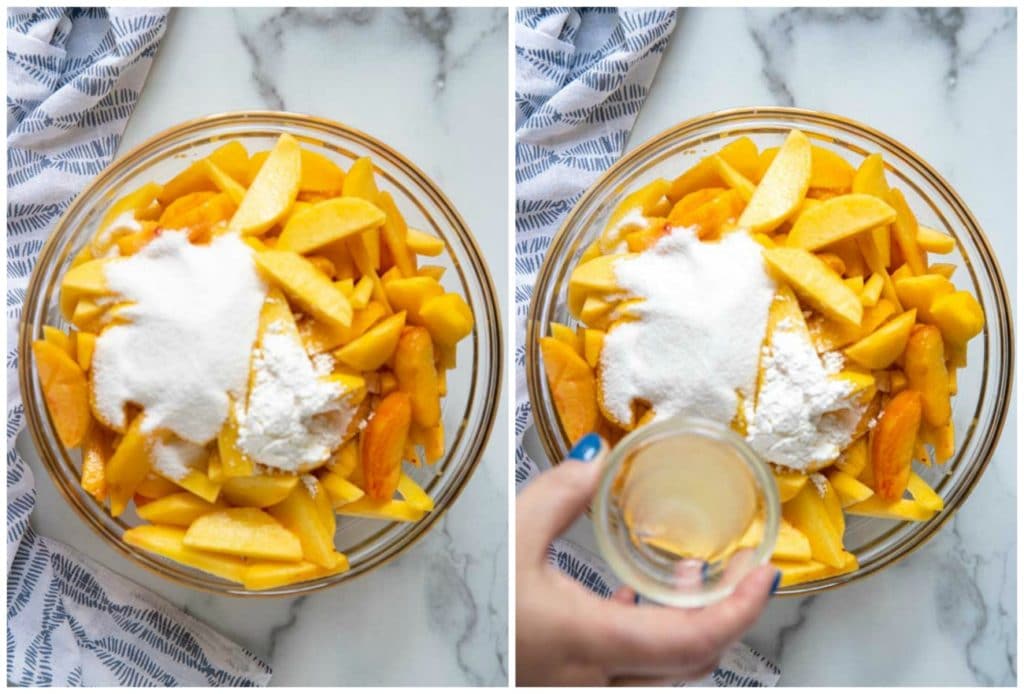 Step by Step photos on how to make this fruit crisp, Bowl with fresh peaches, sugar and cornstarch. Another adding lemon juice.