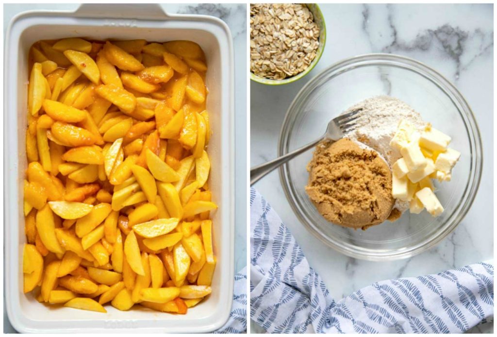 Step by Step photos on how to make this crisp recipe. Fresh peach mixture in a baking dish. Flour, sugar, butter and cinnamon in a bowl.
