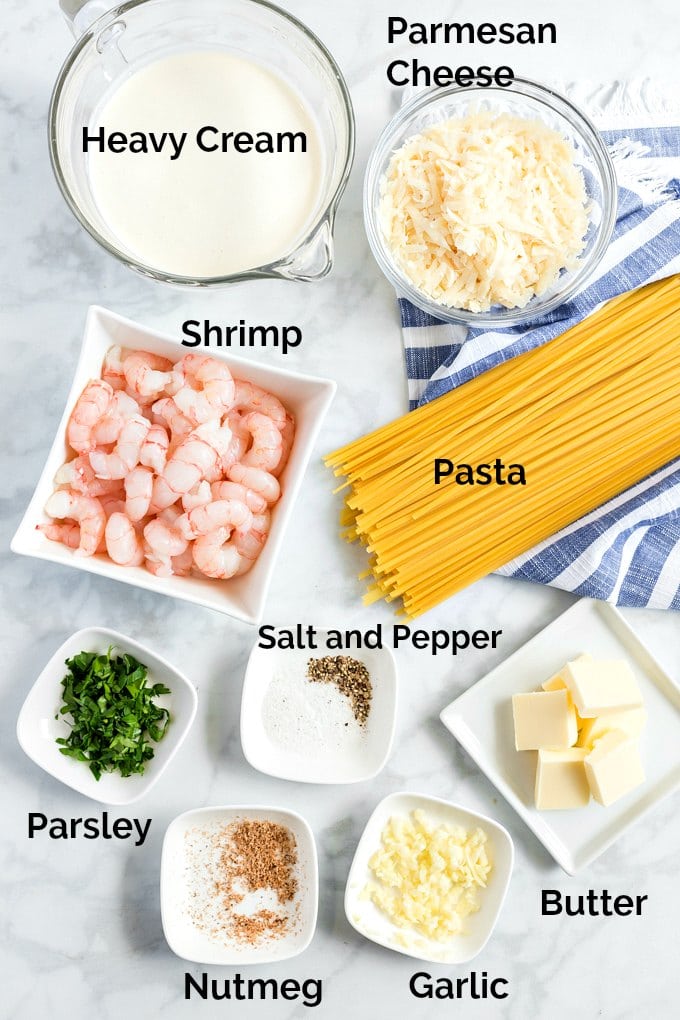 Ingredients to make Pasta Alfredo with Shrimp