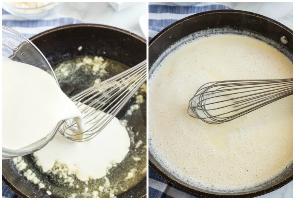 Step by step photos on how to make alfredo sauce. Pouring the cream and simmering.