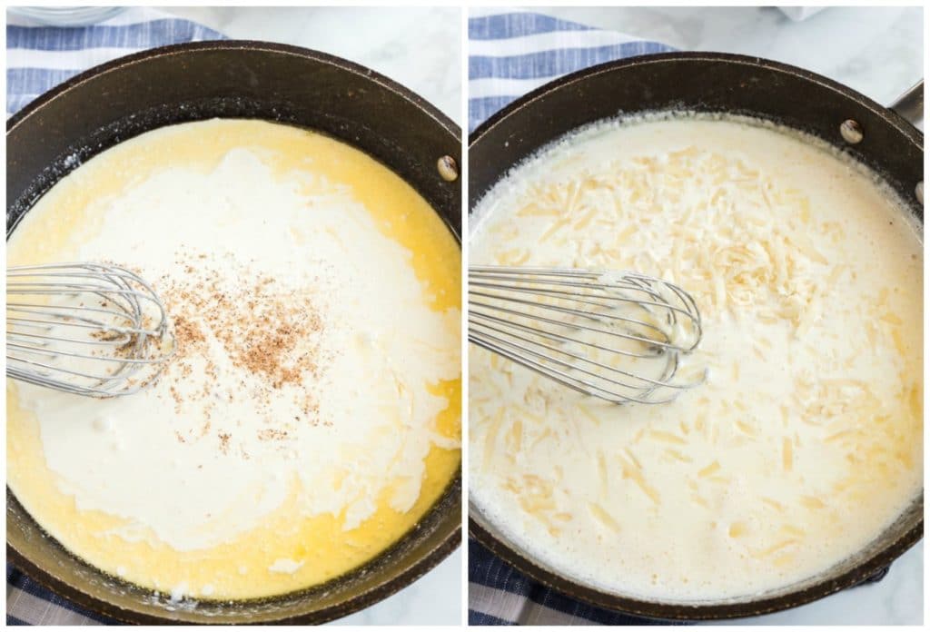 Step by step photos on how to make pasta alfredo with shrimp. Adding nutmeg and cheese.