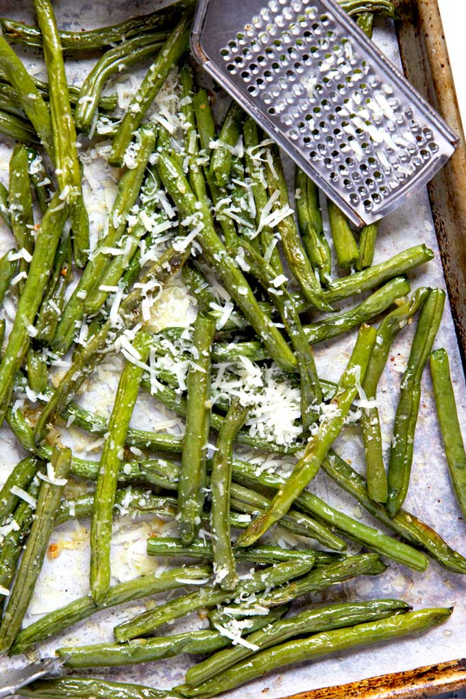 Oven roasted green beans on a sheet pan