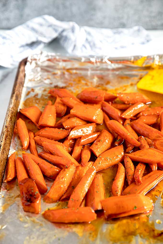 Roasted Carrots on a baking sheet.