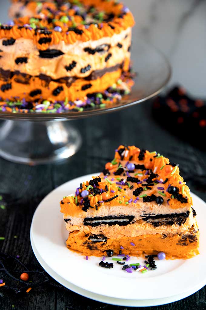 Slice of Halloween Icebox cake on a white plate