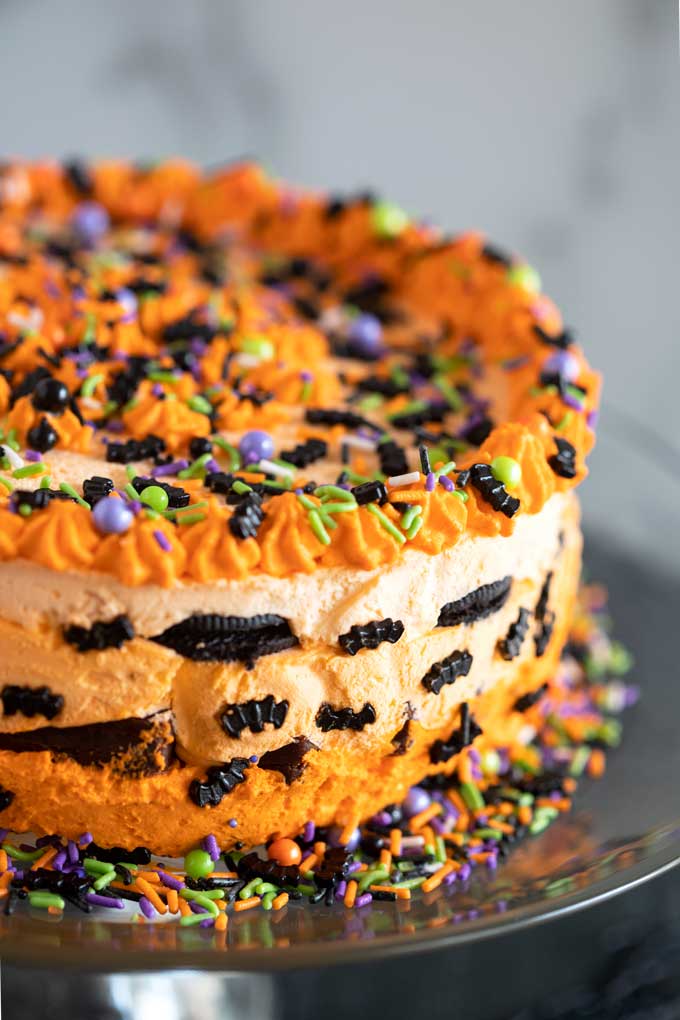 Close up of layered Halloween icebox cake with oreos