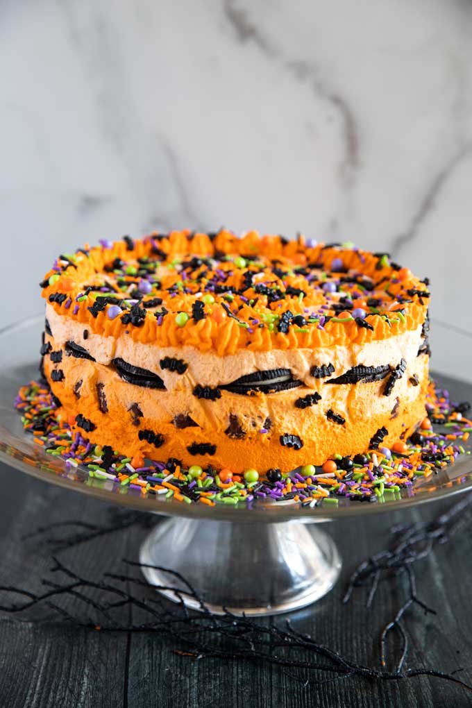 Halloween Icebox Cake on a cake platter