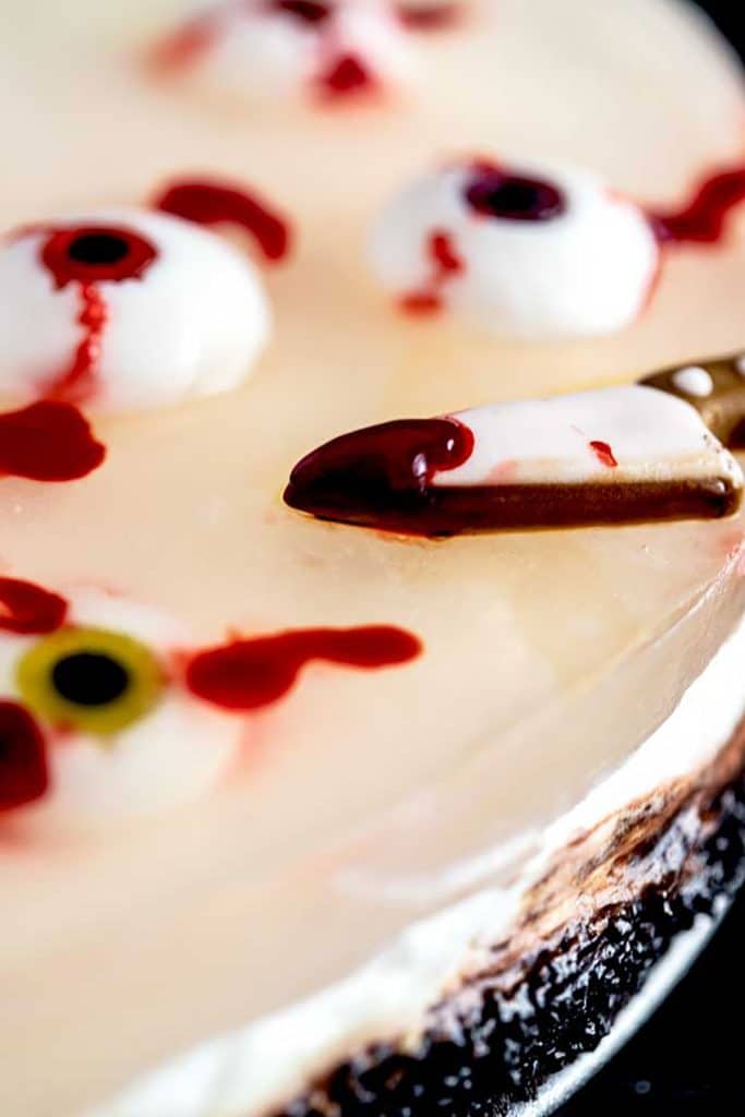 Close up of the cheesecake jello layer with bloody faux eyeballs