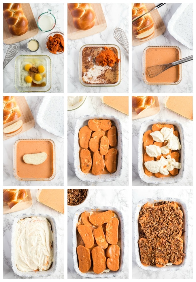 Step by step photos for making pumpkin French toast casserole.