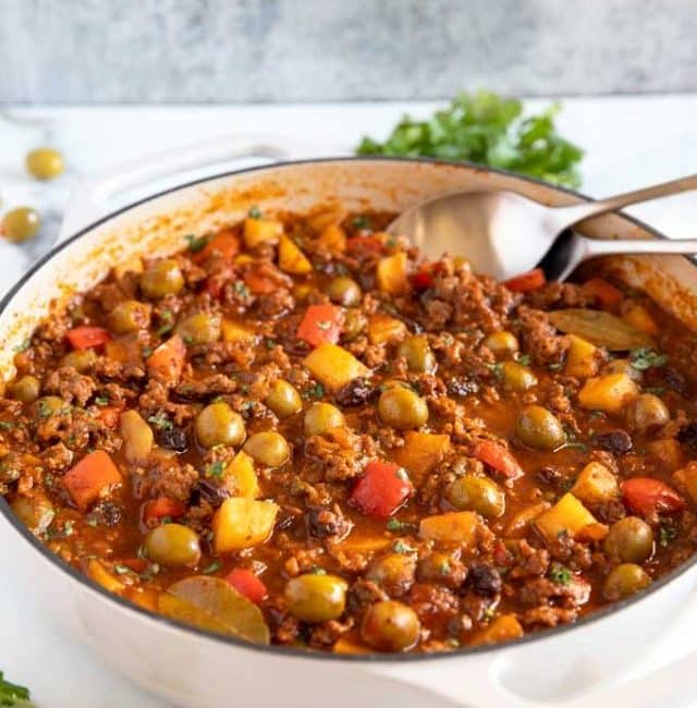 Cuban ground beef dish in a skillet