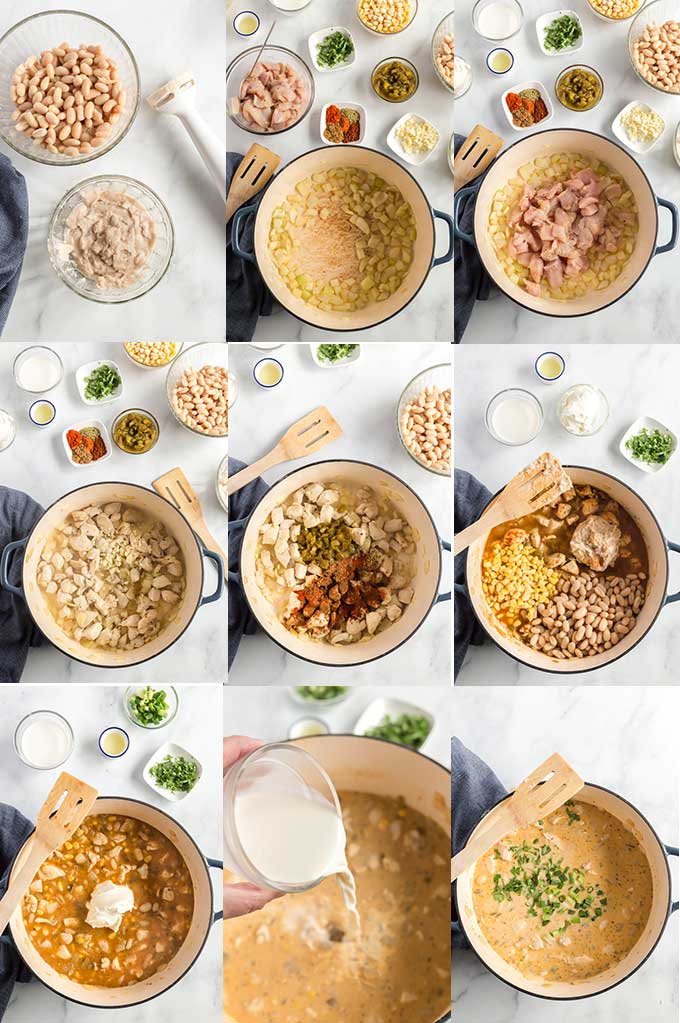 Collage of photos showing how to make white bean green chile and chicken chili.