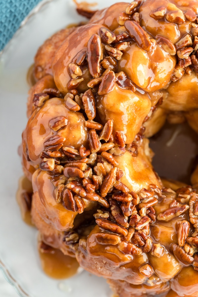 Top view of gooey caramel pecan monkey bread.