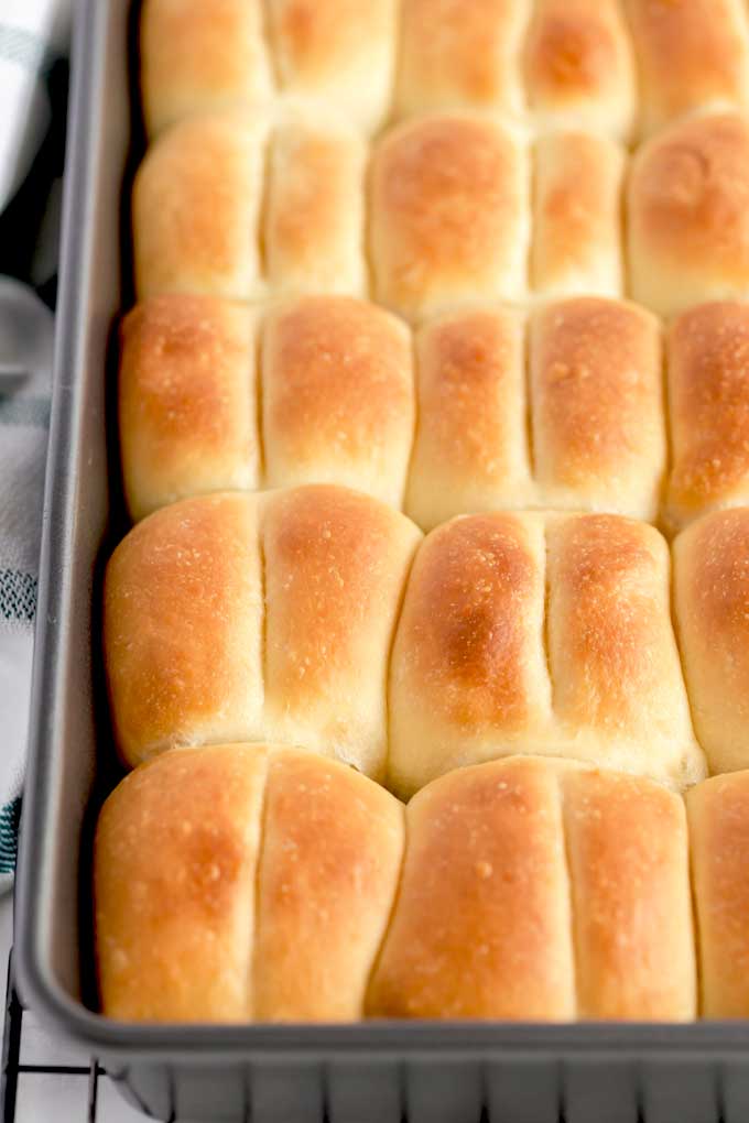 Soft bread rolls in a baking pan