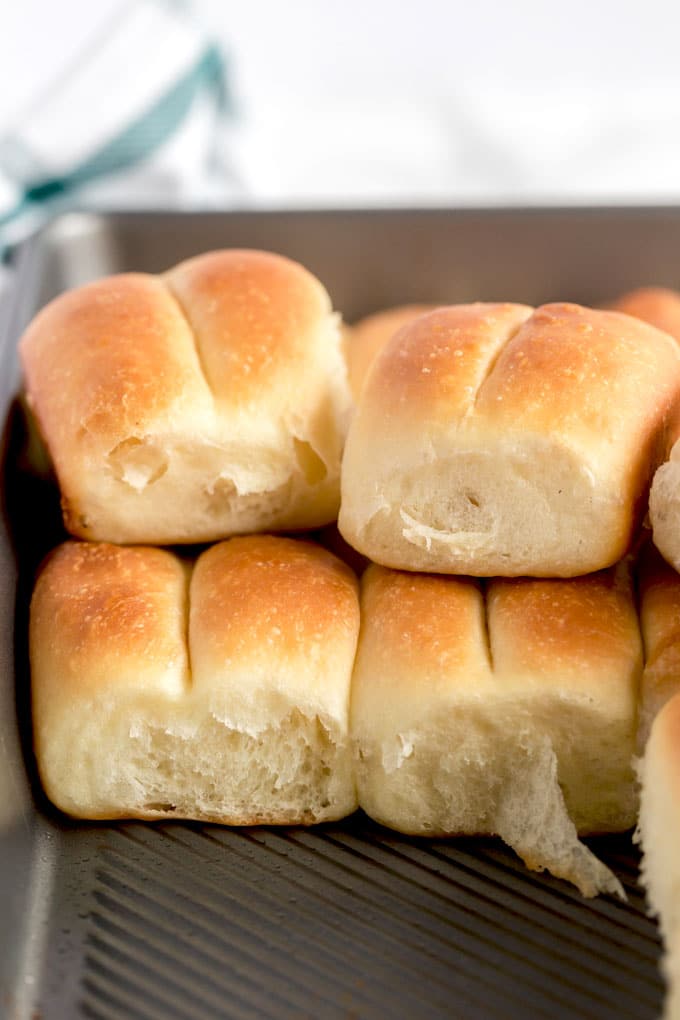 Homemade bread in a baking pan.