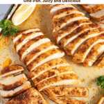 Pin image of sliced baked chicken breast on a sheet pan