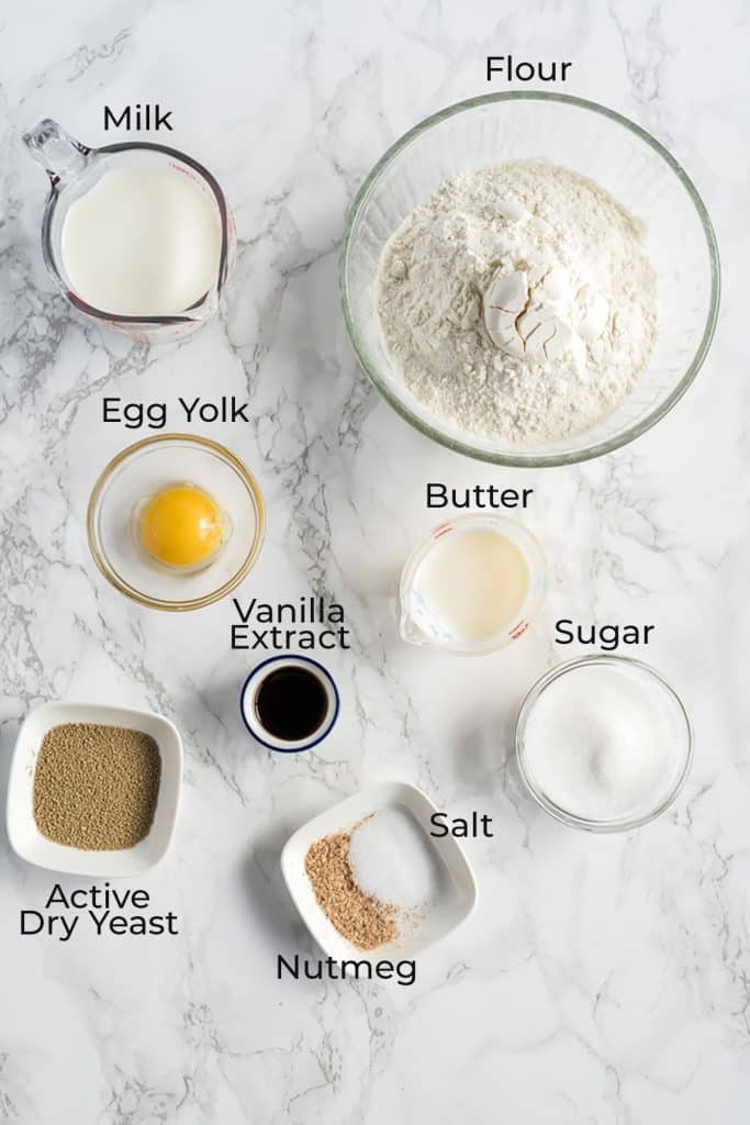 Ingredients to make yeast dough for sweet rolls