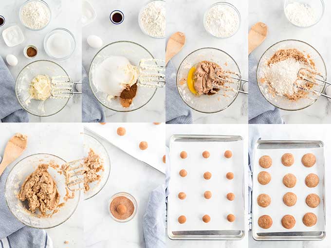 Collage of photos showing how to make snickerdoodles